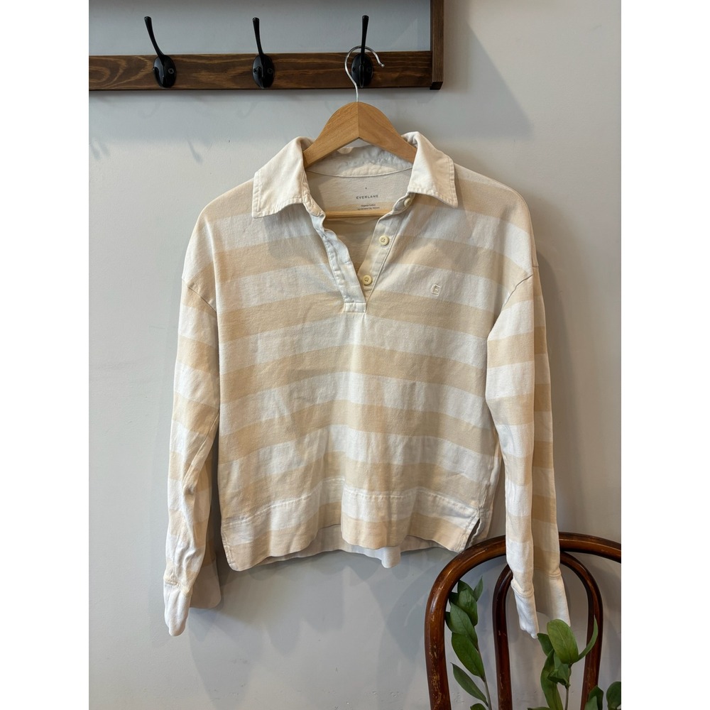 Everlane Women Striped Organic Cotton Rugby Shirt Tan Cream Long Sleeve Polo S